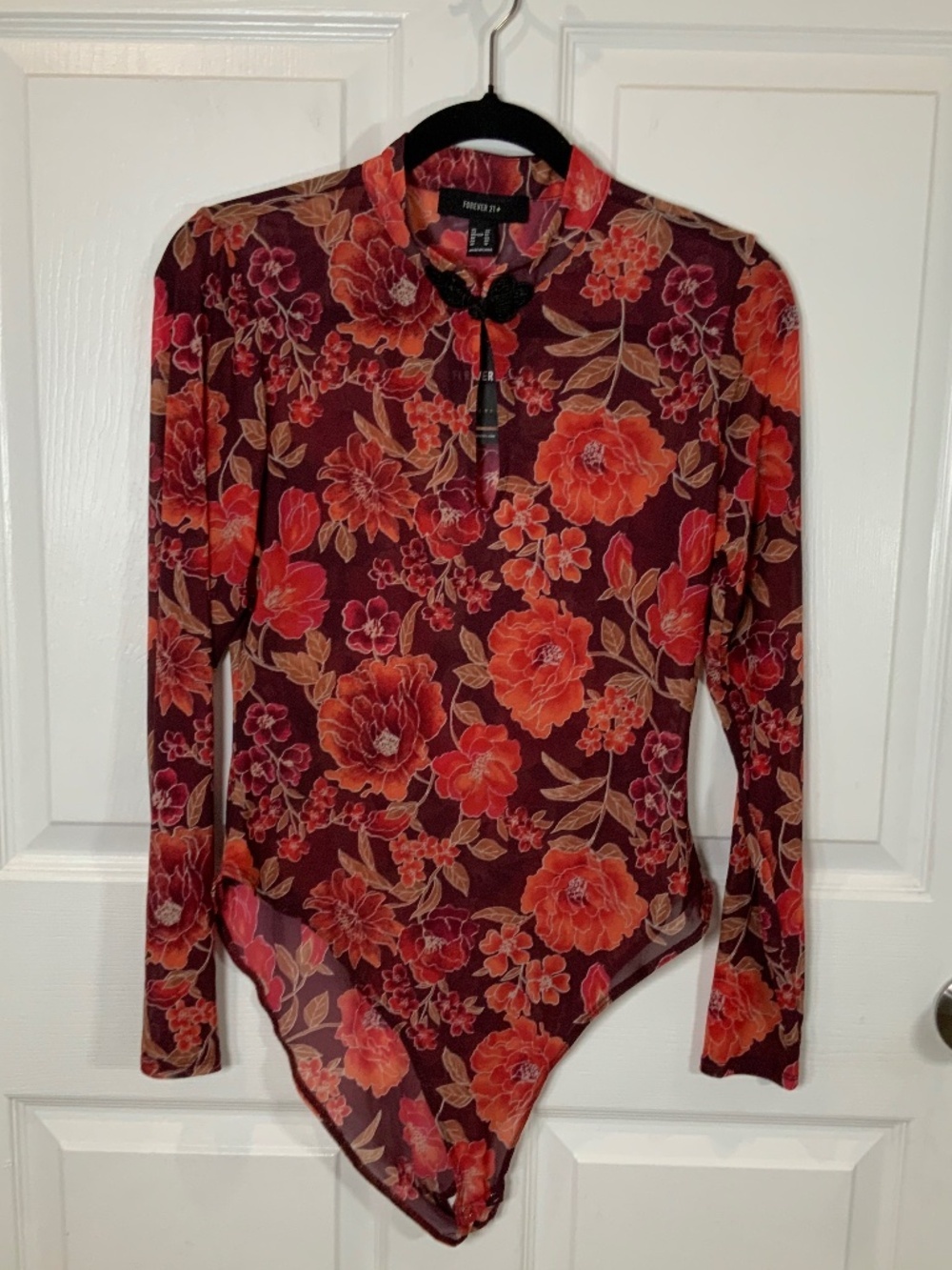 Forever 21 Floral Mesh Long Sleeve Red Sheer Bodysuit Y2K Concert Size 0X New
